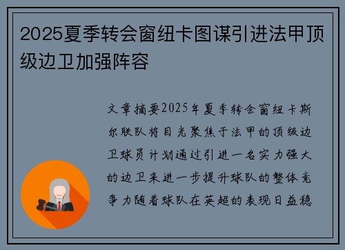 2025夏季转会窗纽卡图谋引进法甲顶级边卫加强阵容