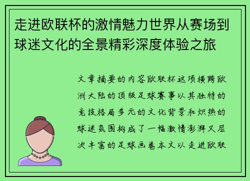 走进欧联杯的激情魅力世界从赛场到球迷文化的全景精彩深度体验之旅