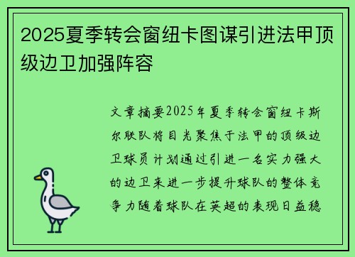 2025夏季转会窗纽卡图谋引进法甲顶级边卫加强阵容